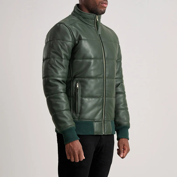 Lucas Green Leather Puffer Bomber Jacket