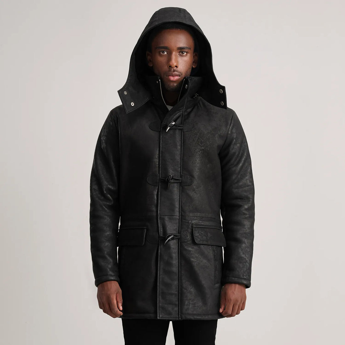 Nolan Distressed Black Leather Duffle Coat