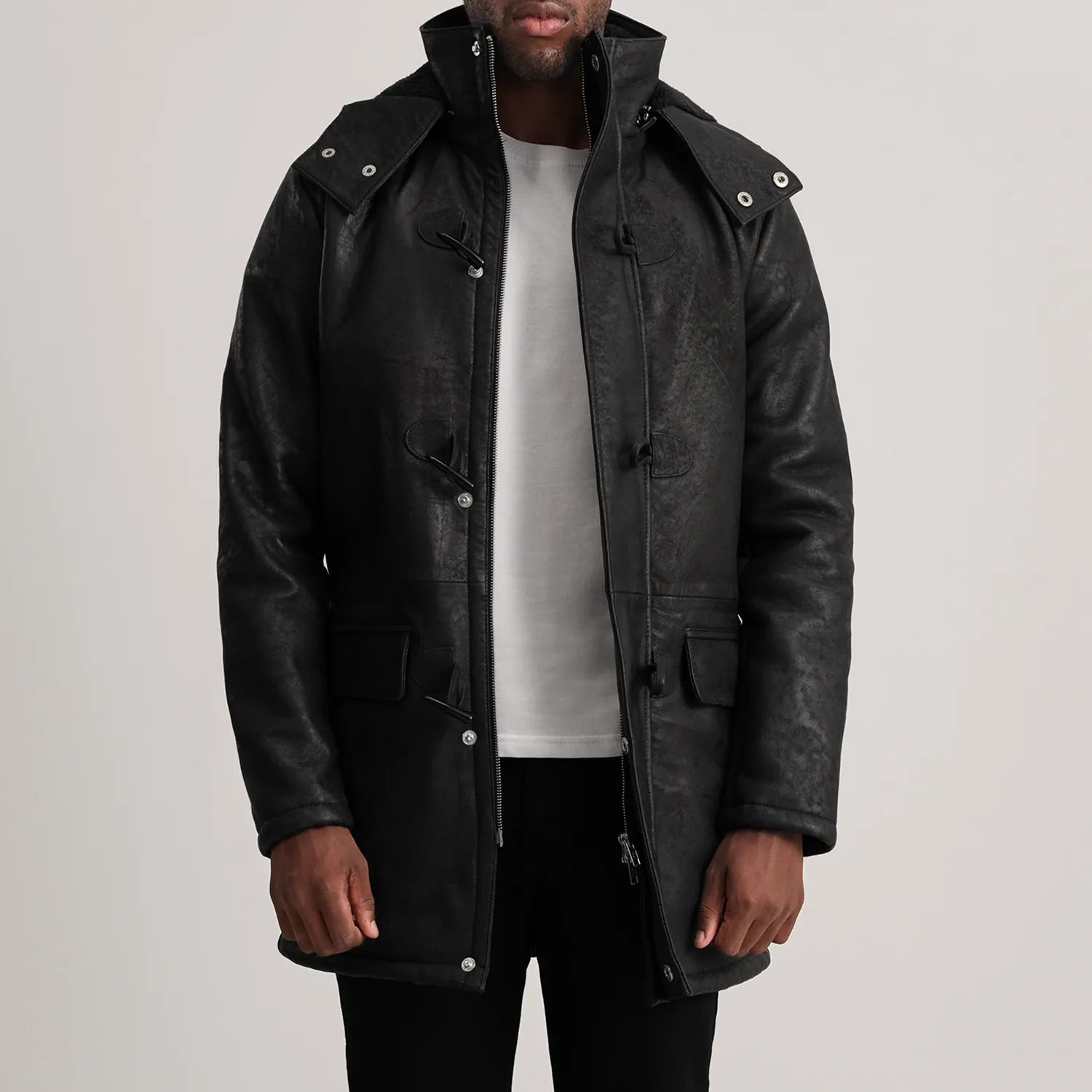 Nolan Distressed Black Leather Duffle Coat