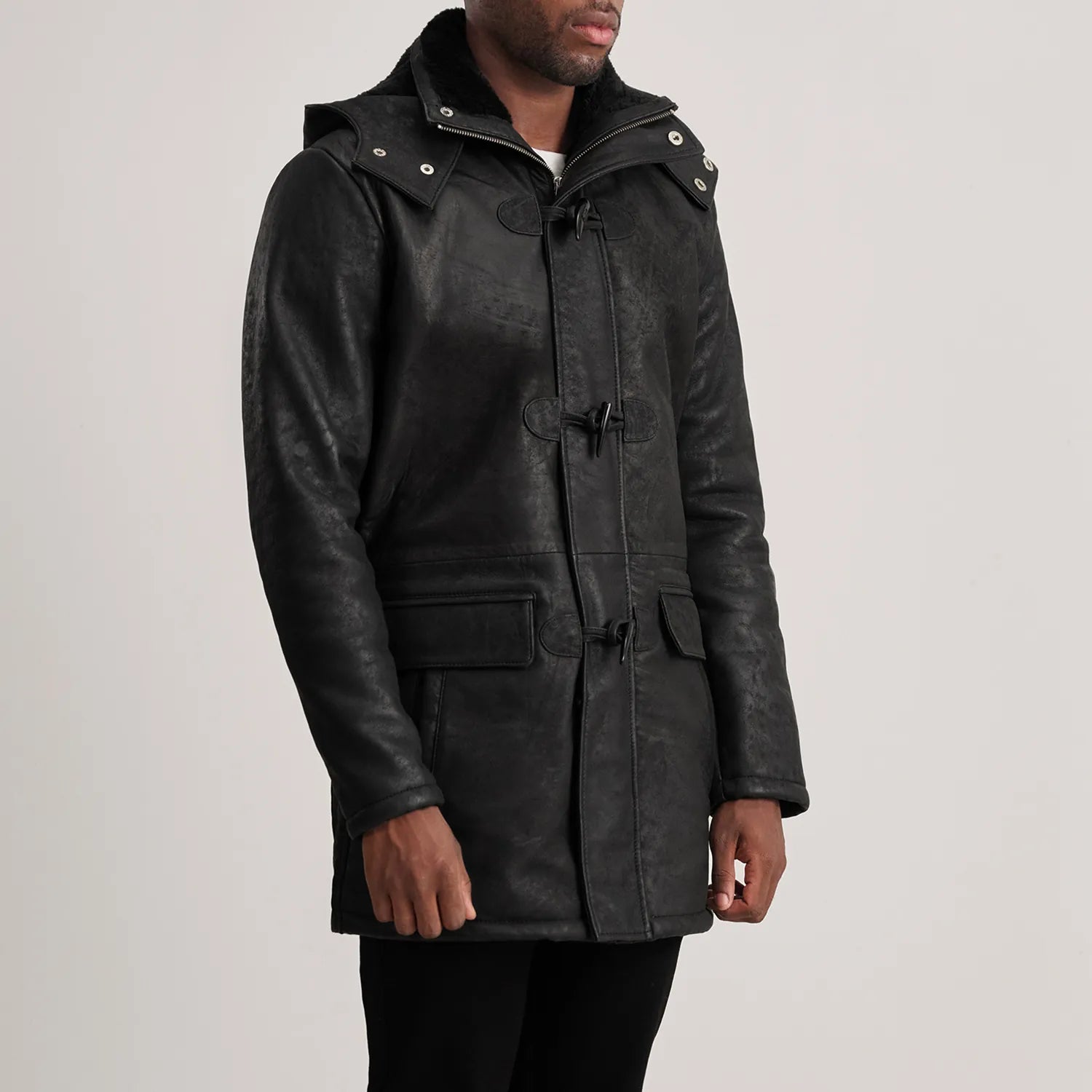 Nolan Distressed Black Leather Duffle Coat