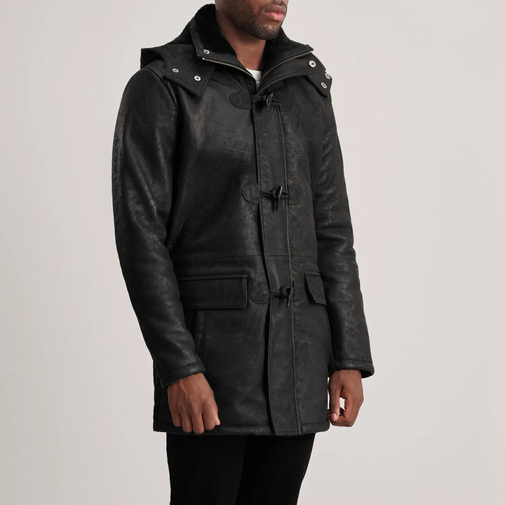 Nolan Distressed Black Leather Duffle Coat
