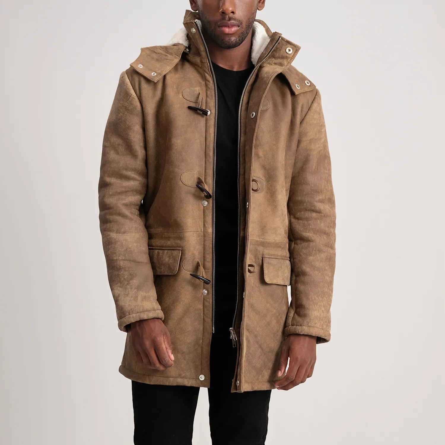 Nolan Distressed Brown Leather Duffle Coat