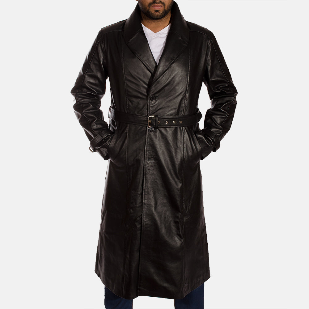Hooligan Black Leather Trench Coat