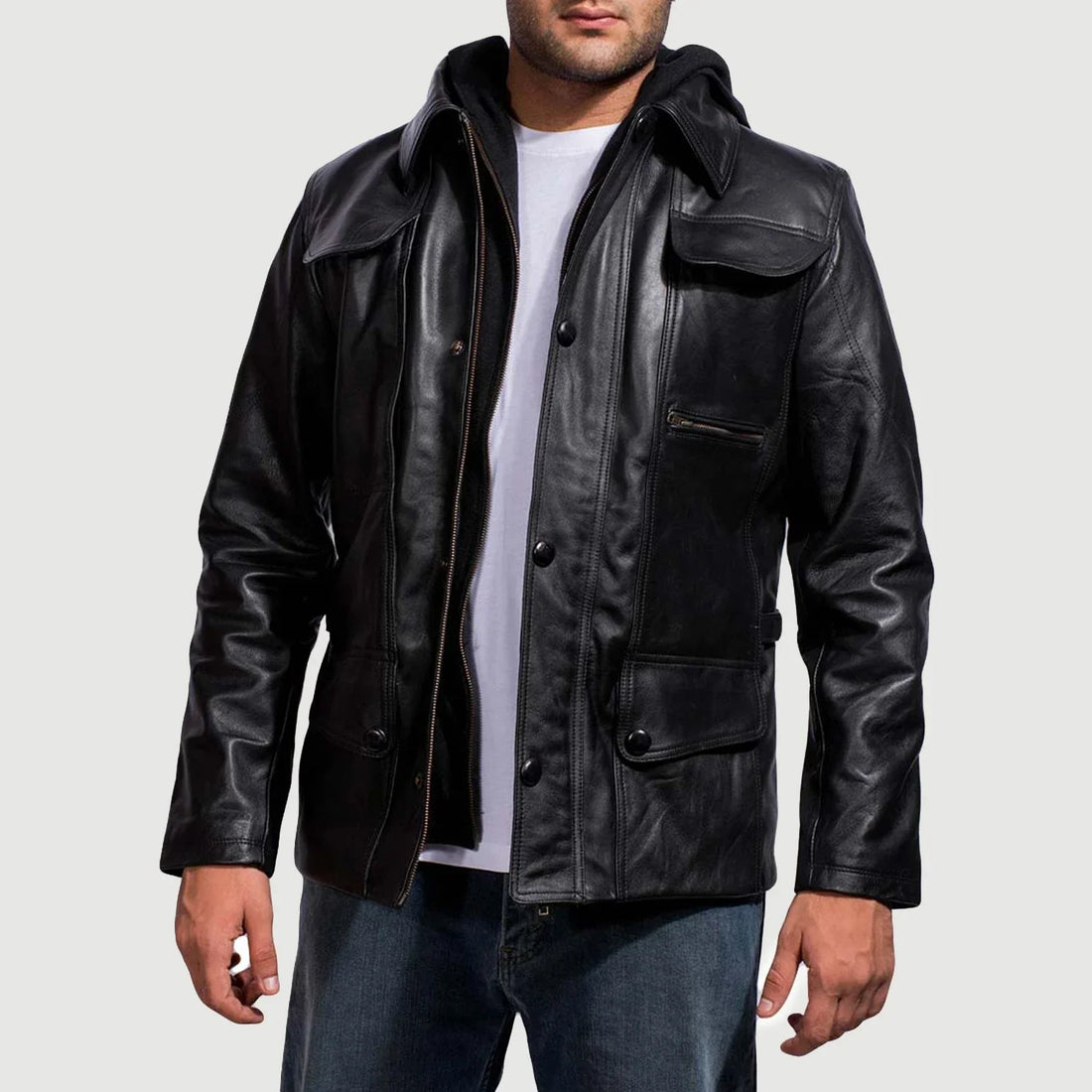 Moulder Hooded Black Leather Jacket