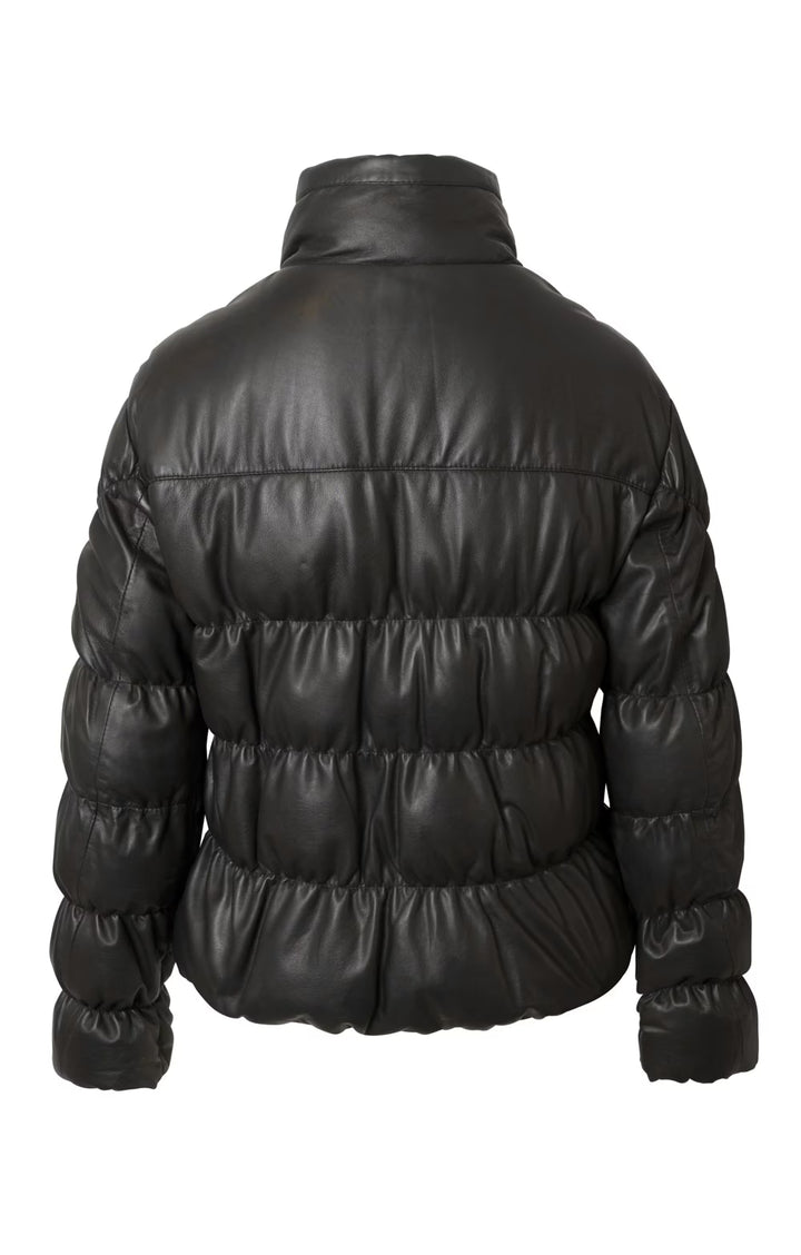 Ladies Leather Quilted Bomber Jacket - Black