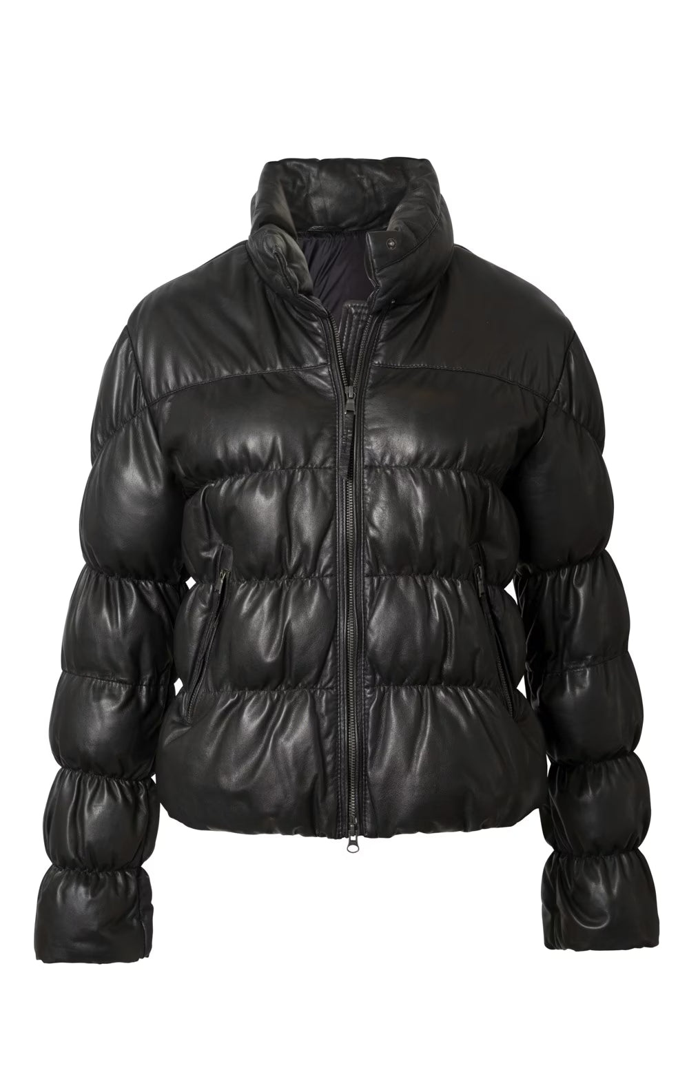 Ladies Leather Quilted Bomber Jacket - Black