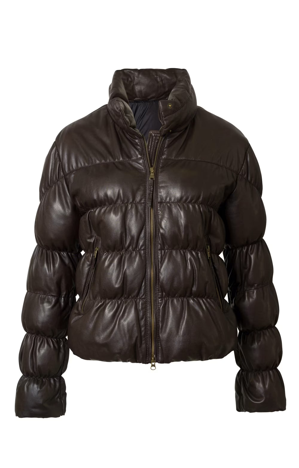 Ladies Leather Quilted Bomber Jacket -  Brown