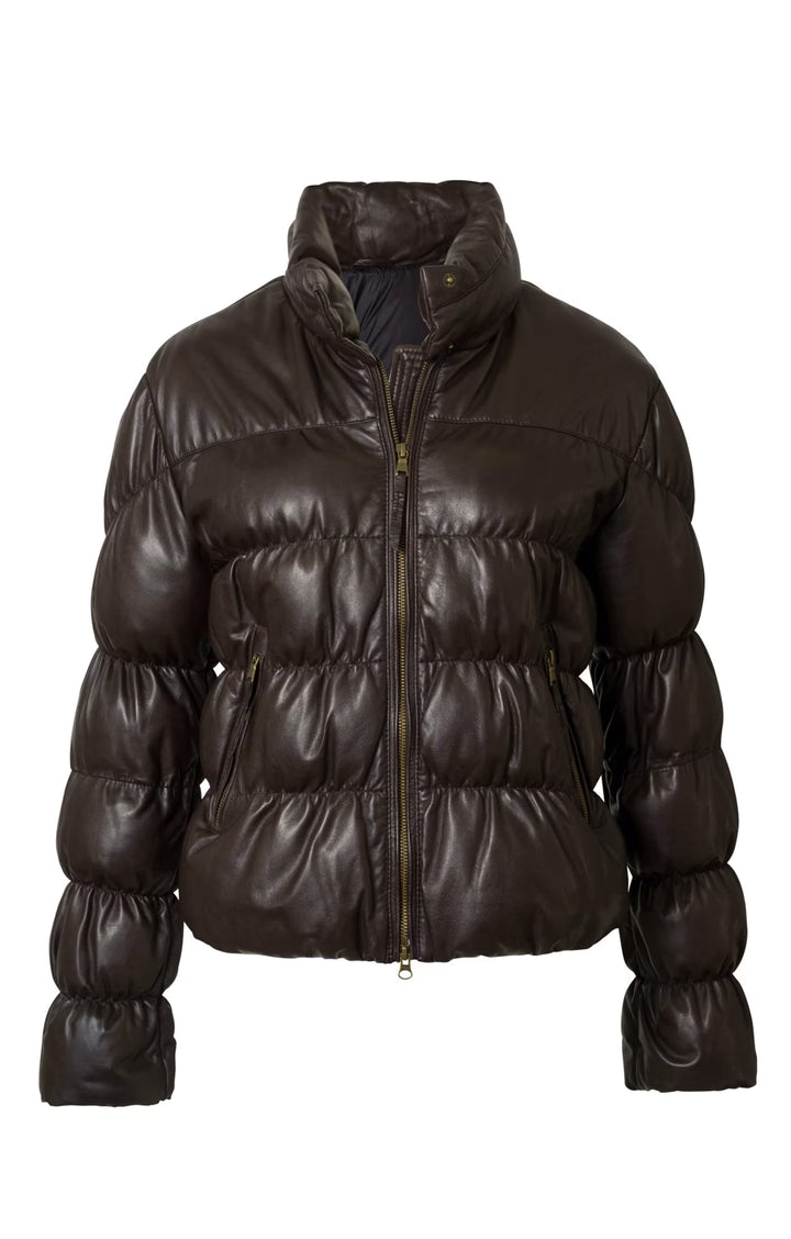 Ladies Leather Quilted Bomber Jacket -  Brown