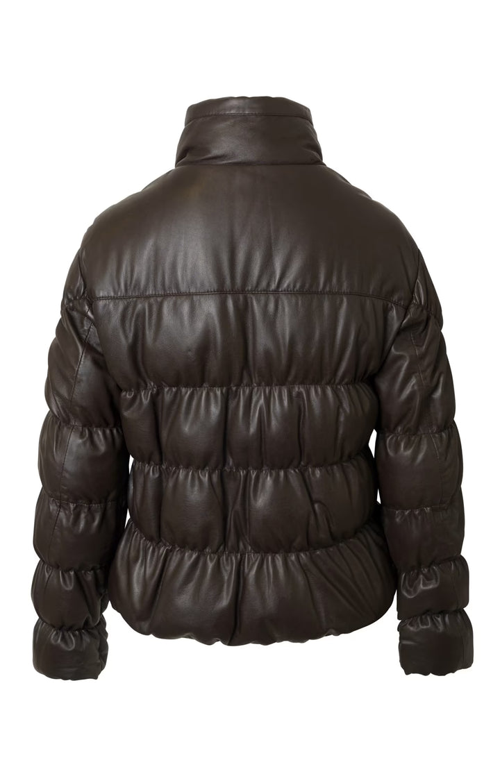 Ladies Leather Quilted Bomber Jacket - Brown