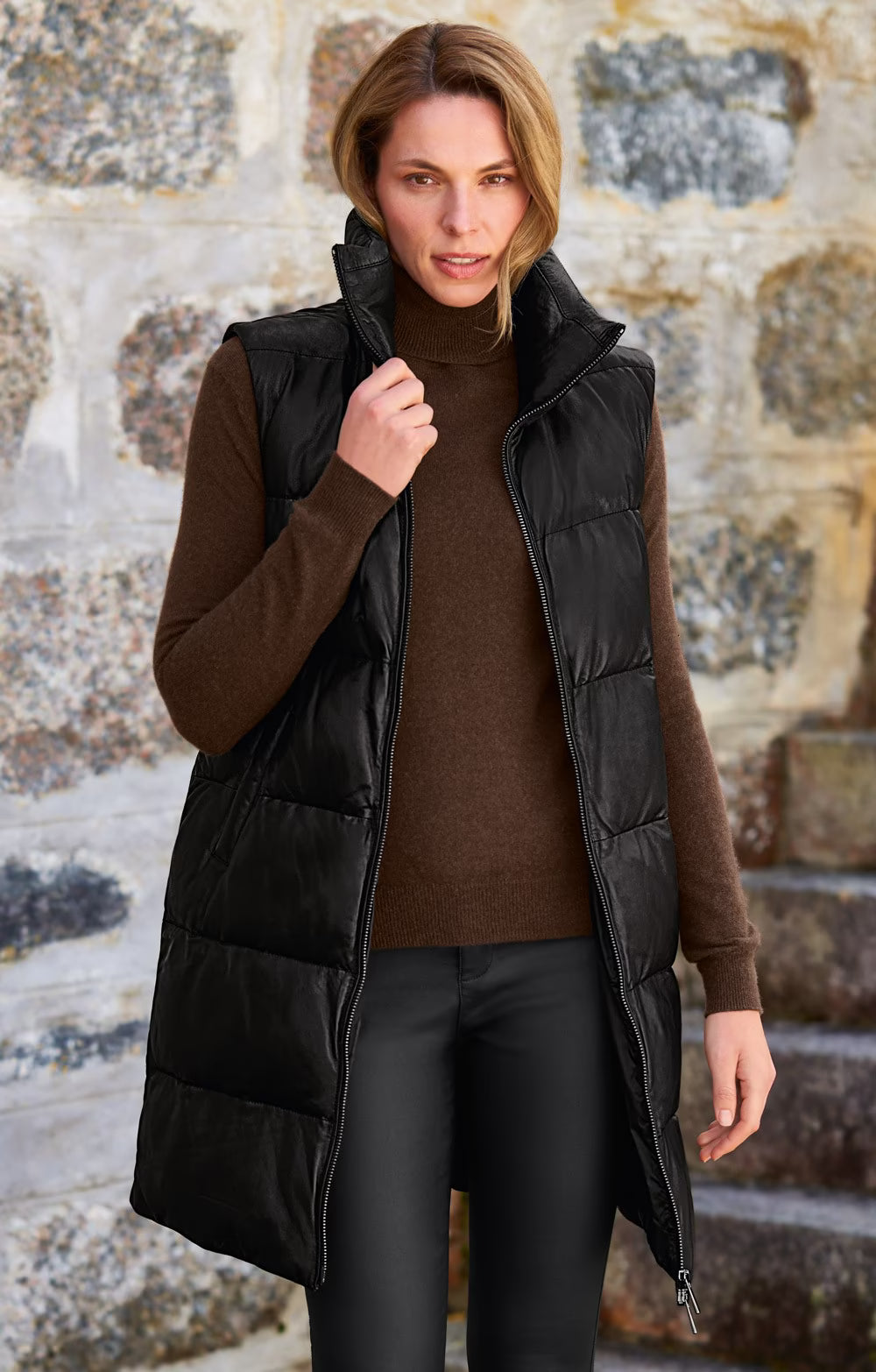 Ladies Celine Long Leather Quilted Gilet - Black