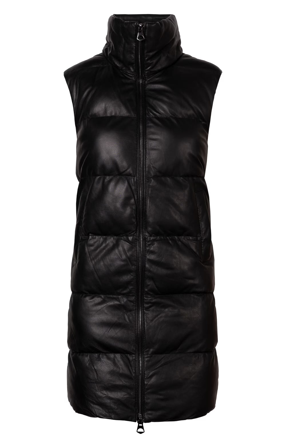 Ladies Celine Long Leather Quilted Gilet - Black