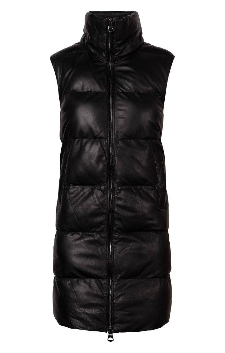 Ladies Celine Long Leather Quilted Gilet - Black