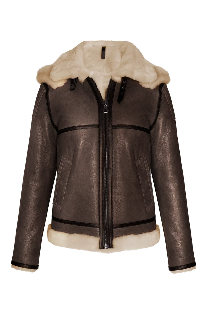 Ladies Leather Flying Jacket - Teak/Beige