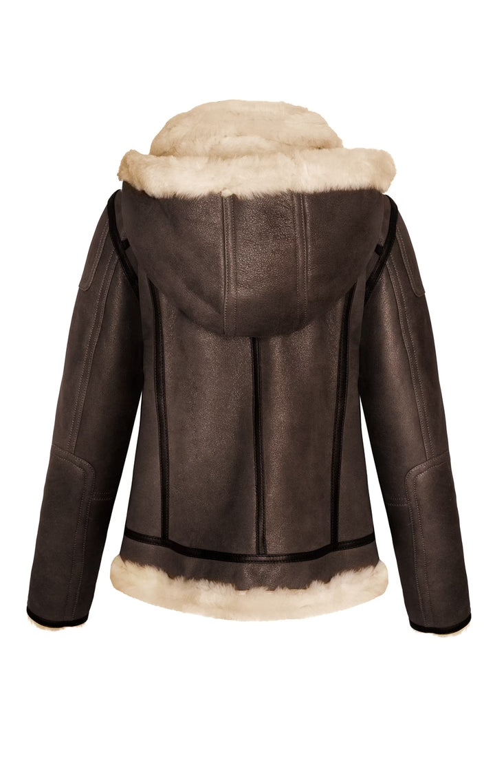 Ladies Leather Flying Jacket - Teak/Beige
