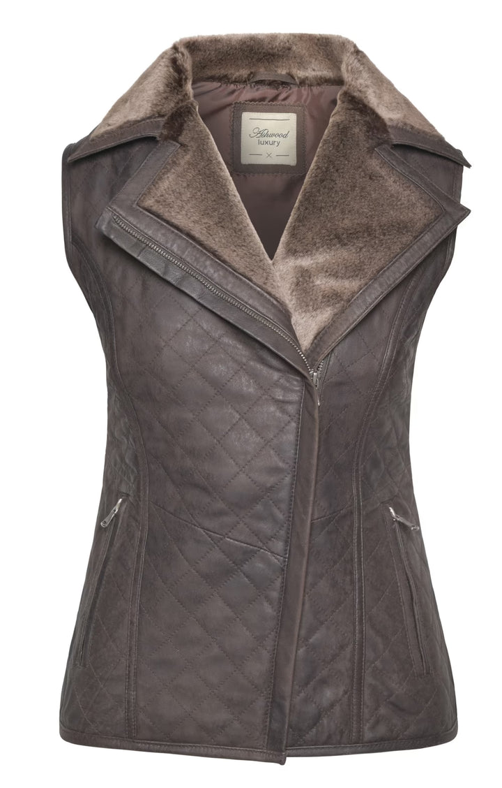 Ladies Distressed Leather Quilted Gilet - Brown
