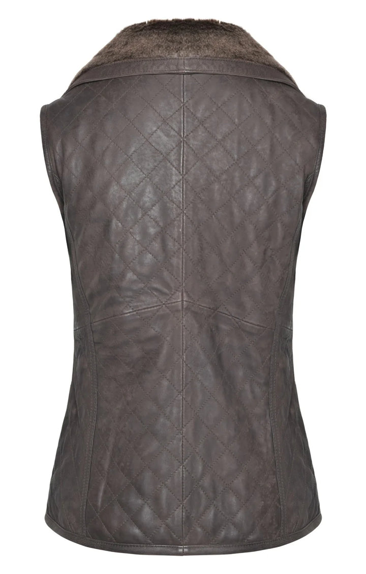 Ladies Distressed Leather Quilted Gilet - Brown
