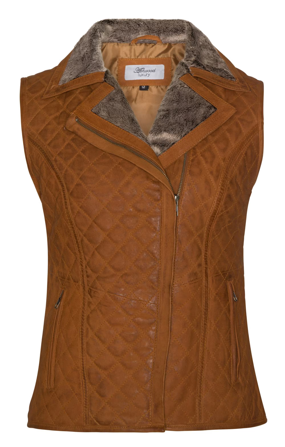 Ladies Distressed Leather Quilted Gilet - Tan