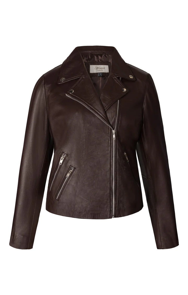 Ladies Leather Biker Jacket - Chocolate