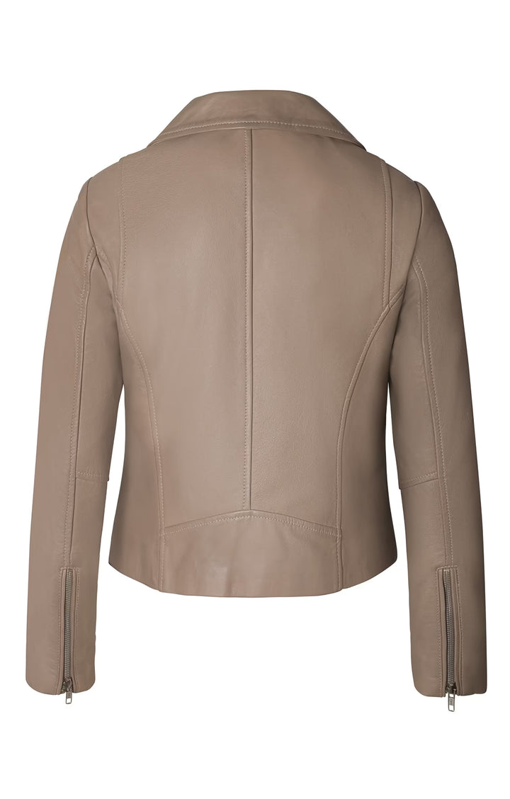 Ladies Leather Biker Jacket - Taupe