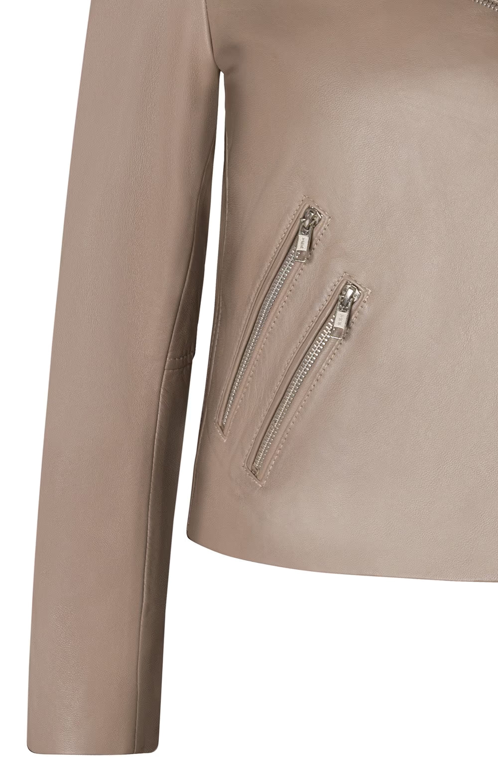 Ladies Leather Biker Jacket -Taupe