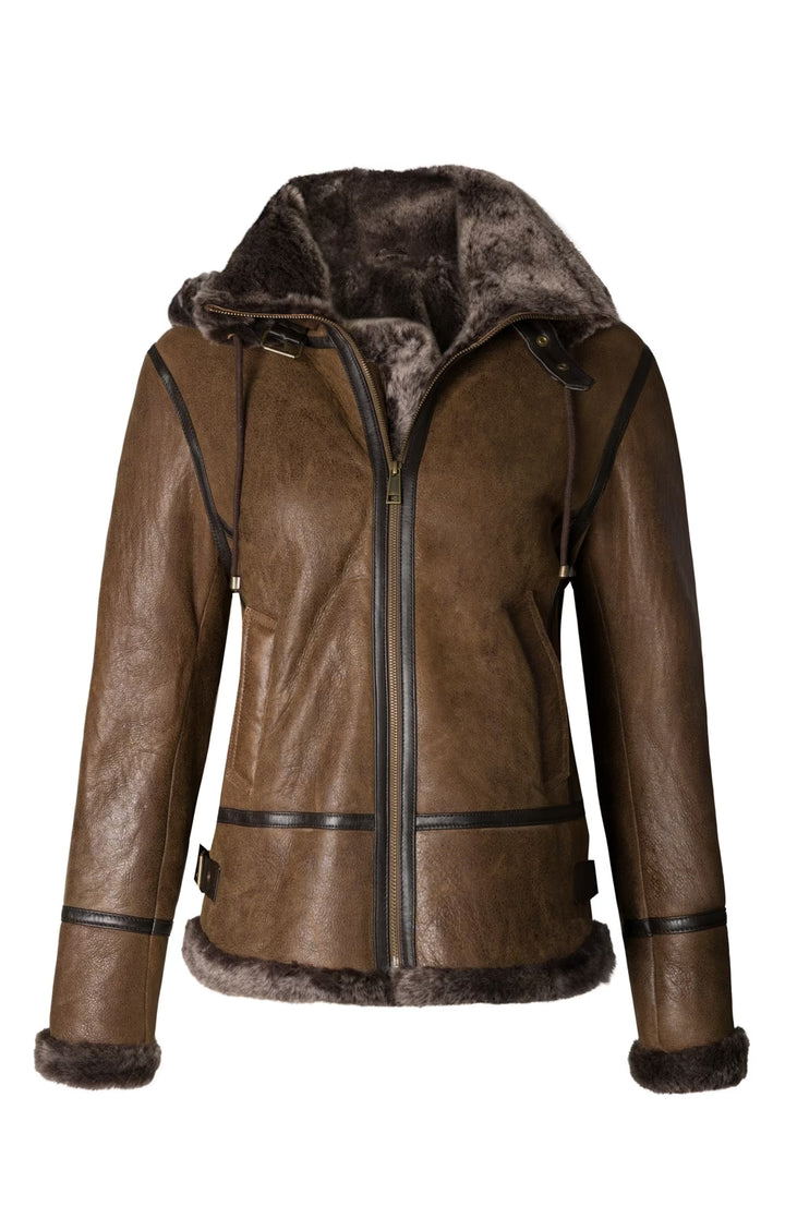 Ladies Sheepskin Detachable Hood Flying Jacket - Tobacco