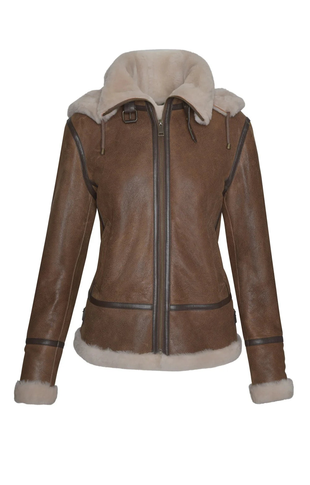 Ladies Sheepskin Detachable Hood Flying Jacket - Whisky