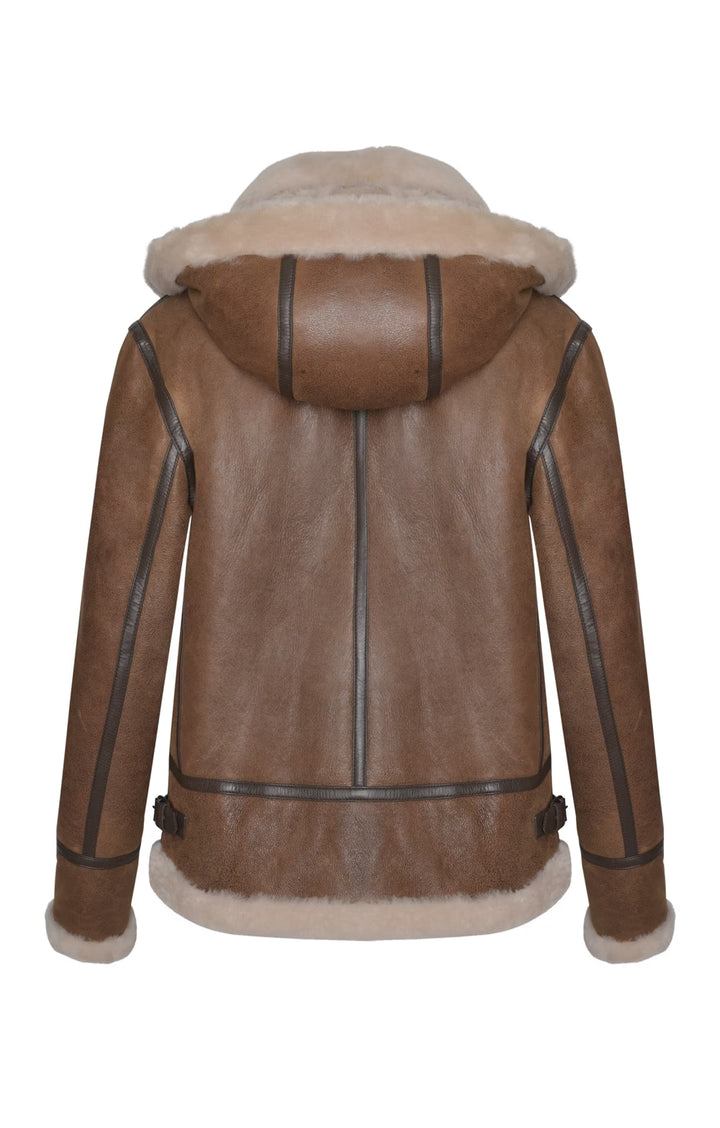 Ladies Sheepskin Detachable Hood Flying Jacket - Whisky