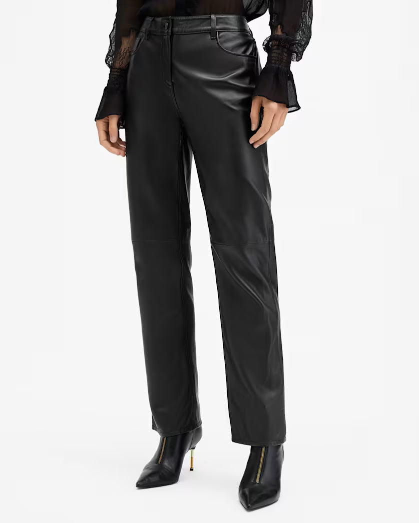 Saige Straight Leg Leather Trousers - Black