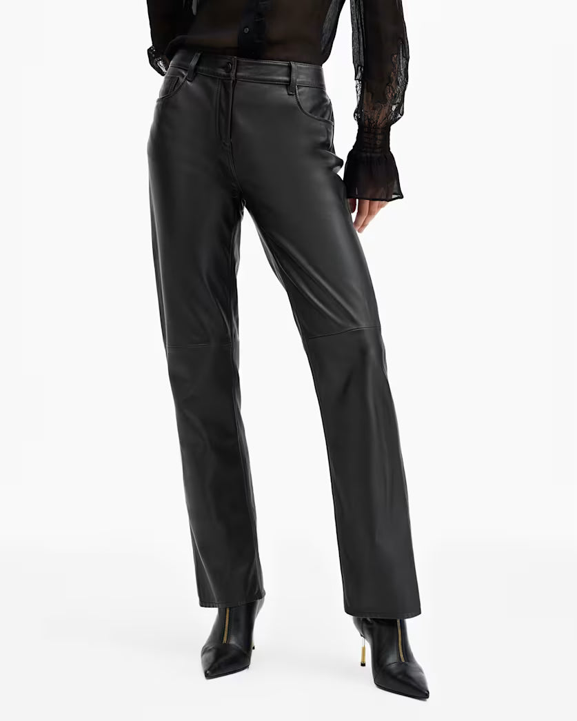 Saige Straight Leg Leather Trousers - Black