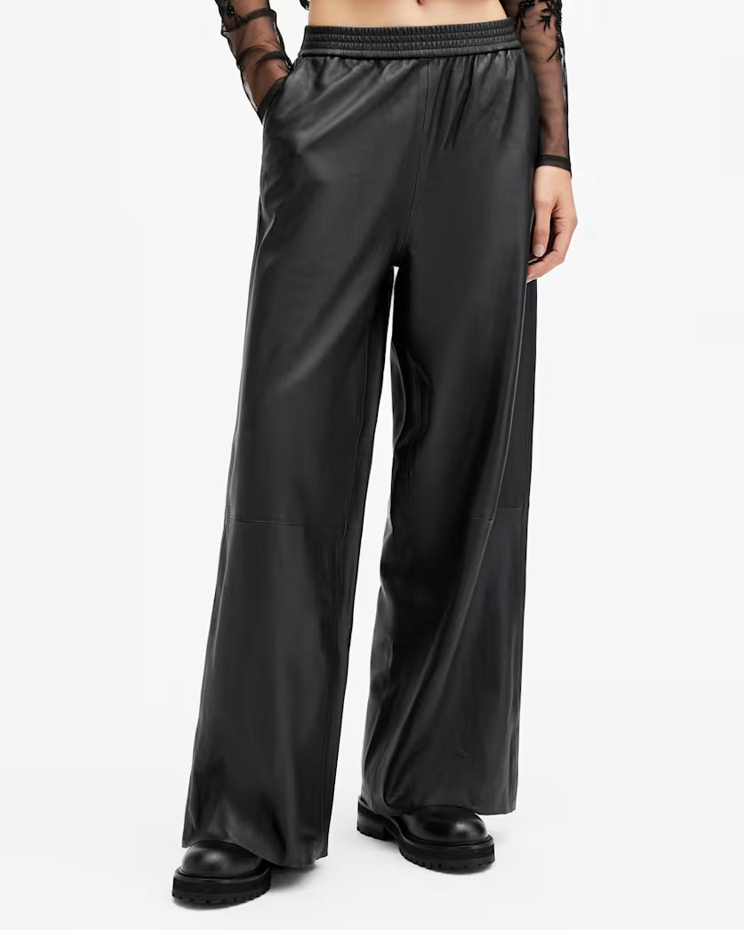 Aspen Wide Leg Leather Trousers - Black