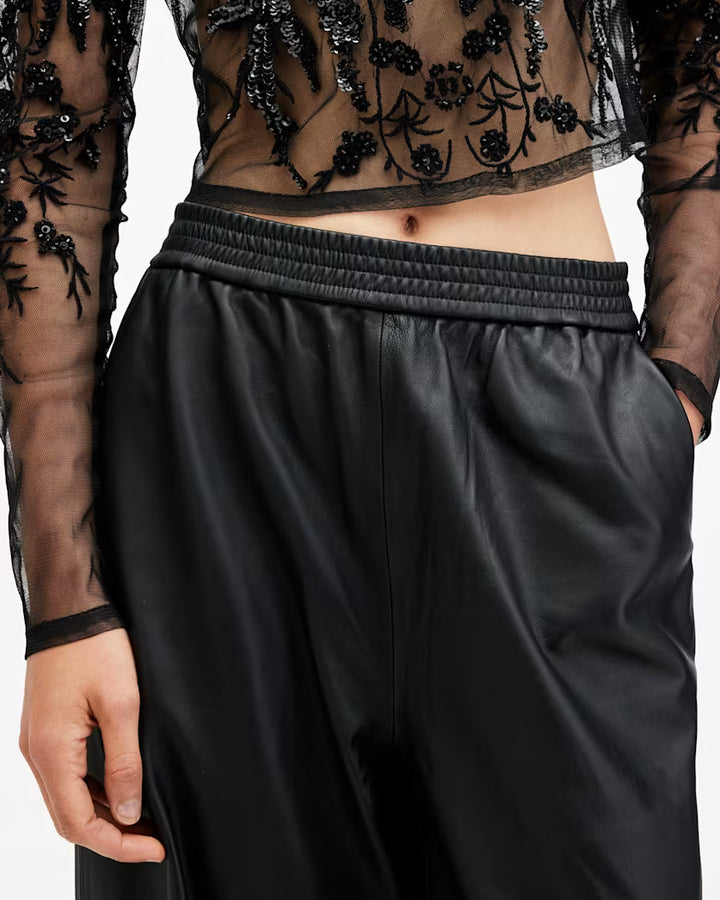 Aspen Wide Leg Leather Trousers - Black