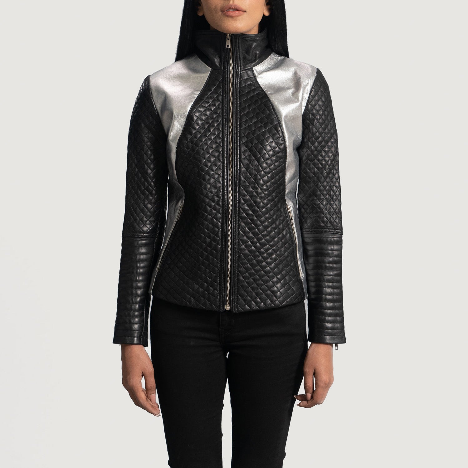 Ally Metallic Black Leather Biker Jacket