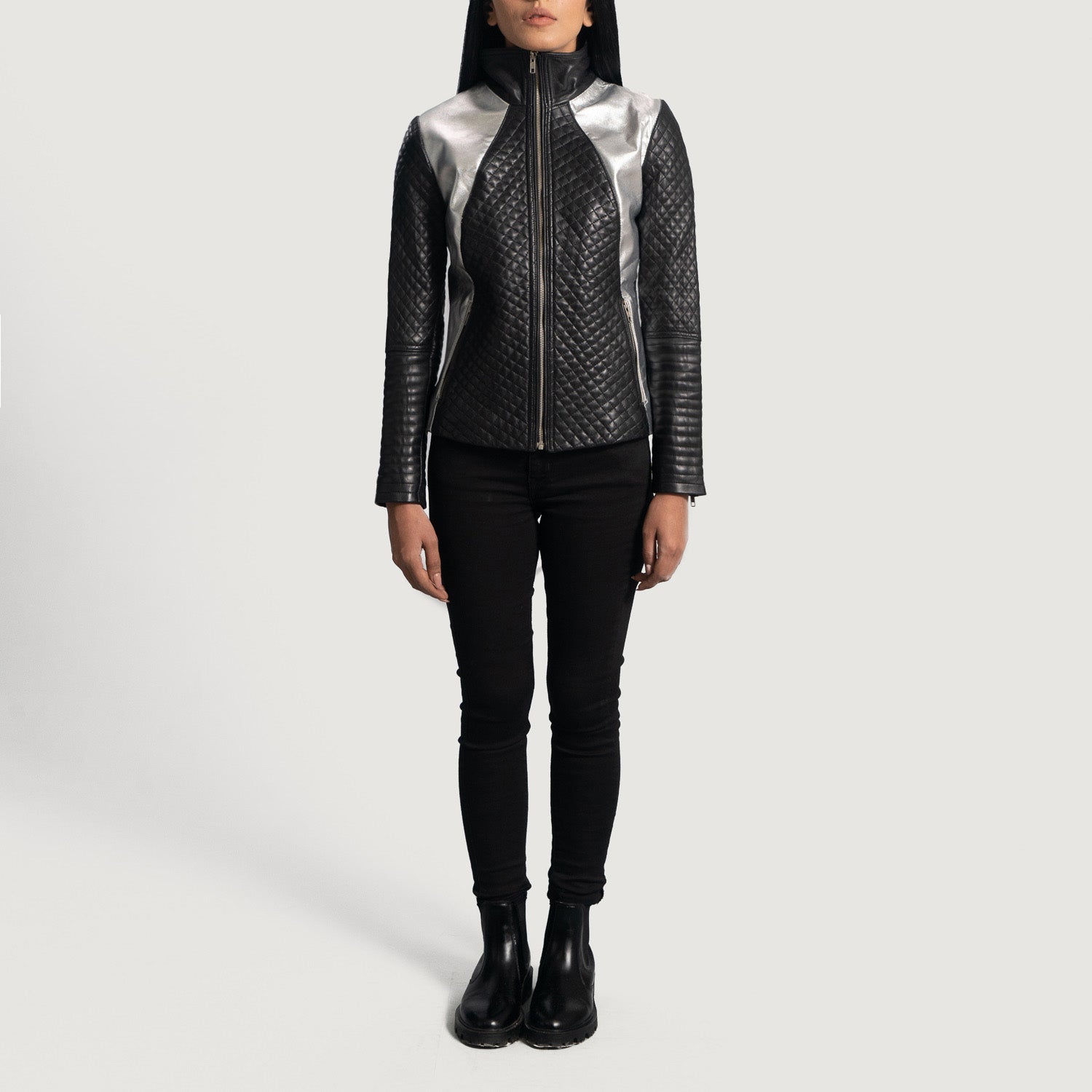 Ally Metallic Black Leather Biker Jacket