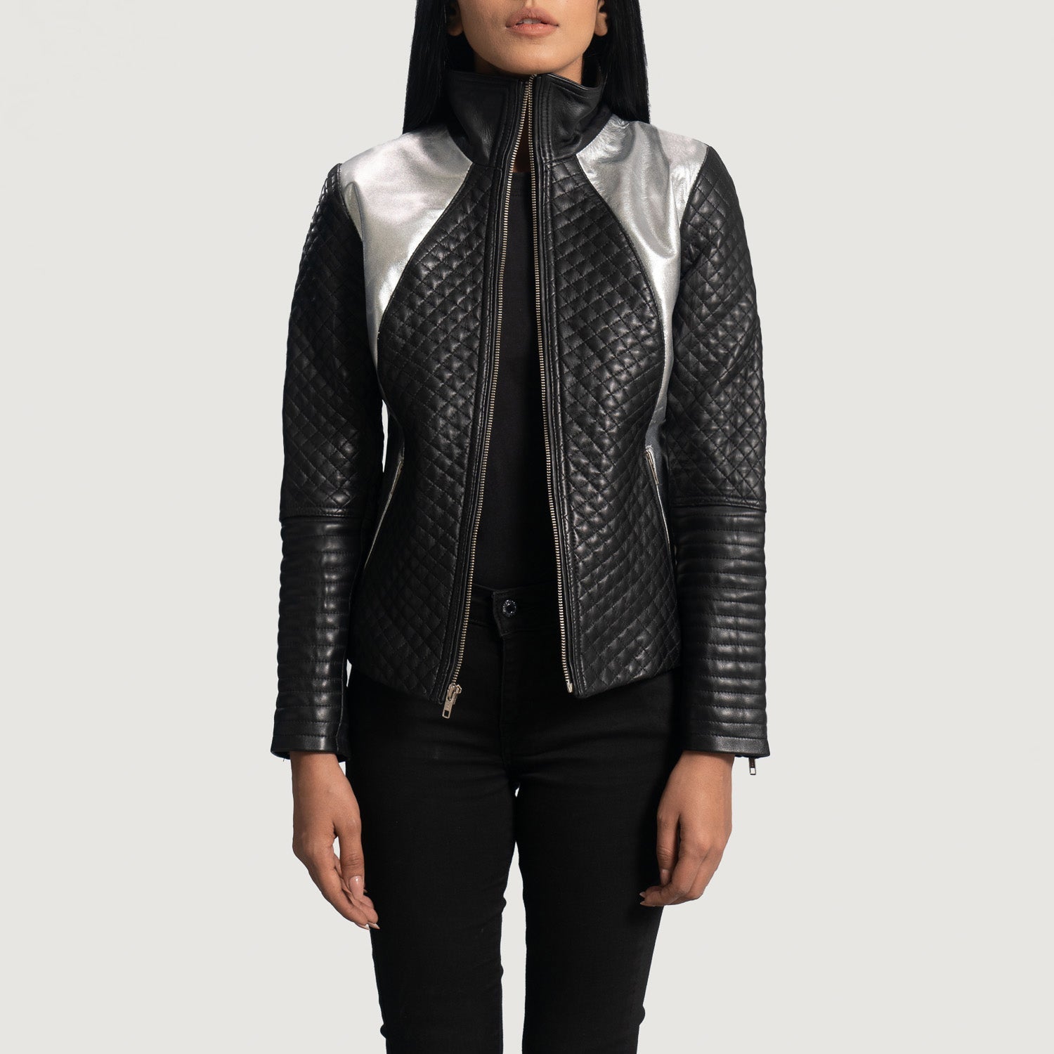 Ally Metallic Black Leather Biker Jacket