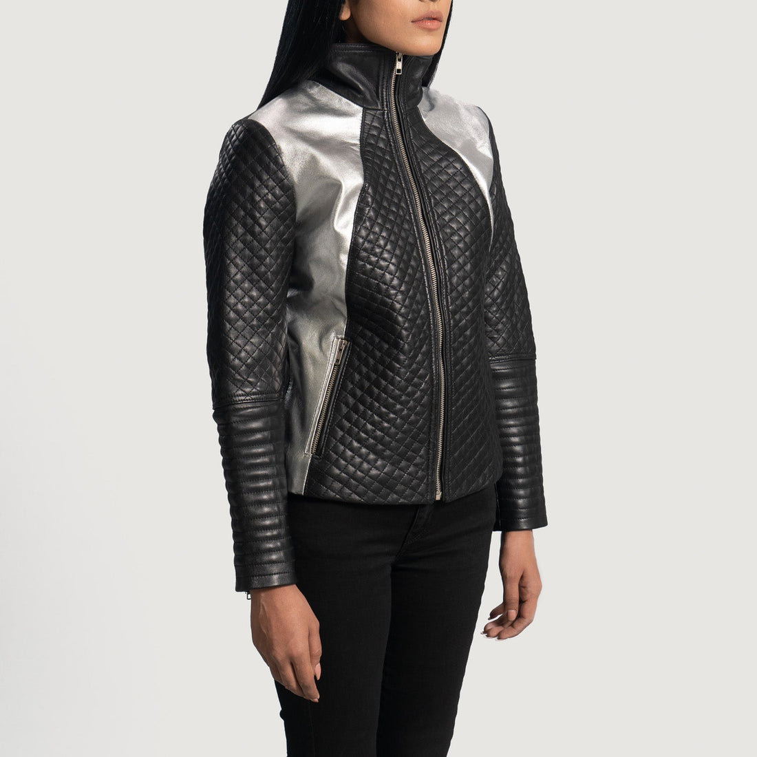 Ally Metallic Black Leather Biker Jacket