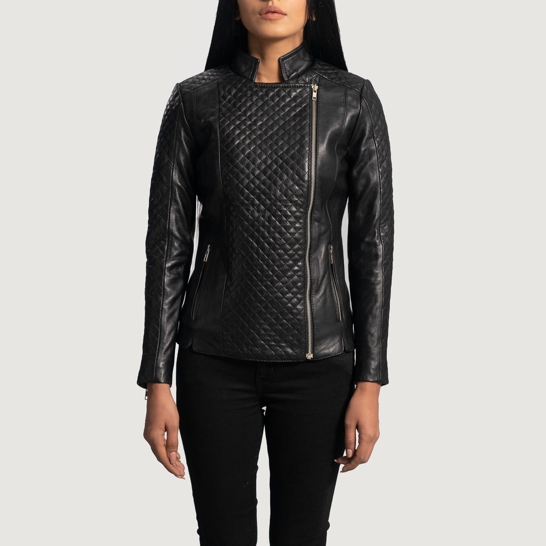 Slant Black Quilted Leather Biker  Jacket