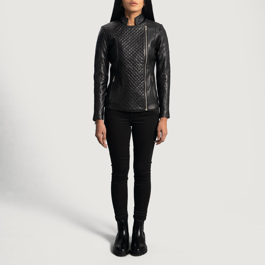 Slant Black Quilted Leather Biker  Jacket