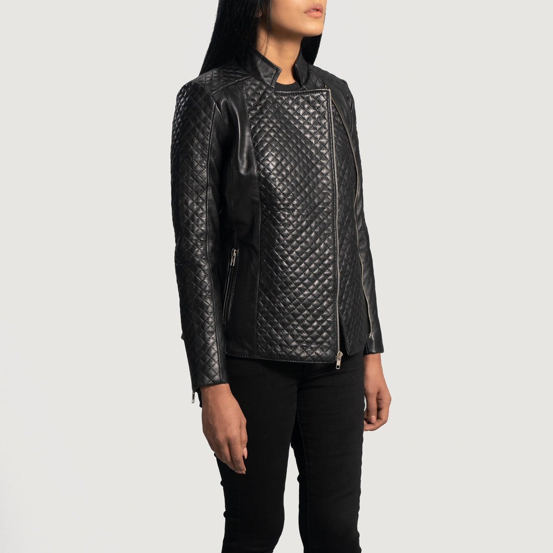 Slant Black Quilted Leather Biker  Jacket