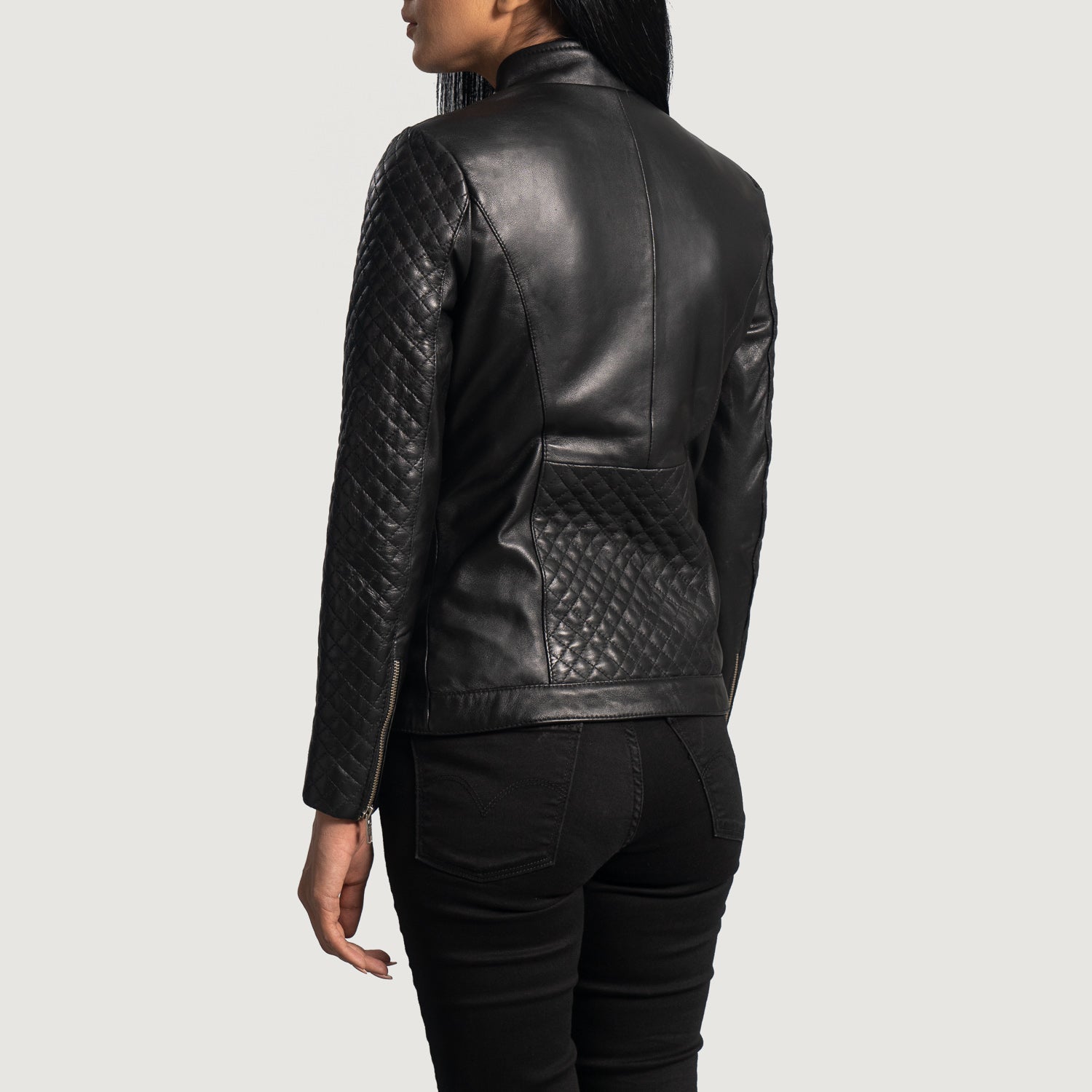 Slant Black Quilted Leather Biker  Jacket