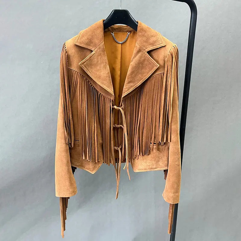 Edge Crop Leather Jacket with Tassels