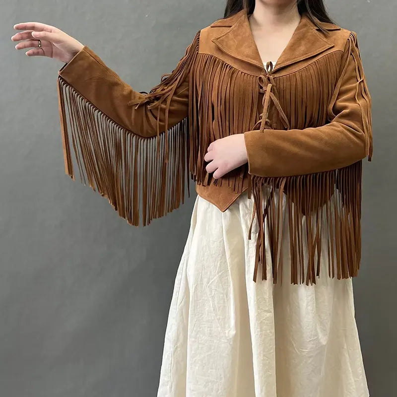 Edge Crop Leather Jacket with Tassels