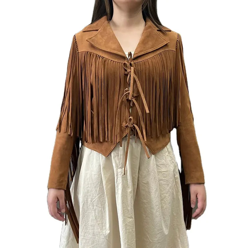 Edge Crop Leather Jacket with Tassels