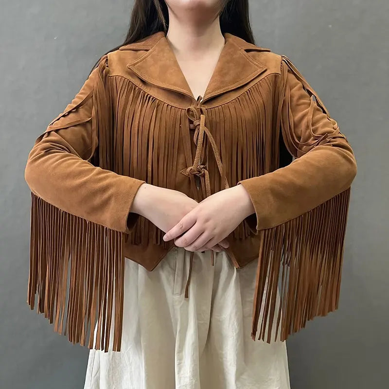 Edge Crop Leather Jacket with Tassels
