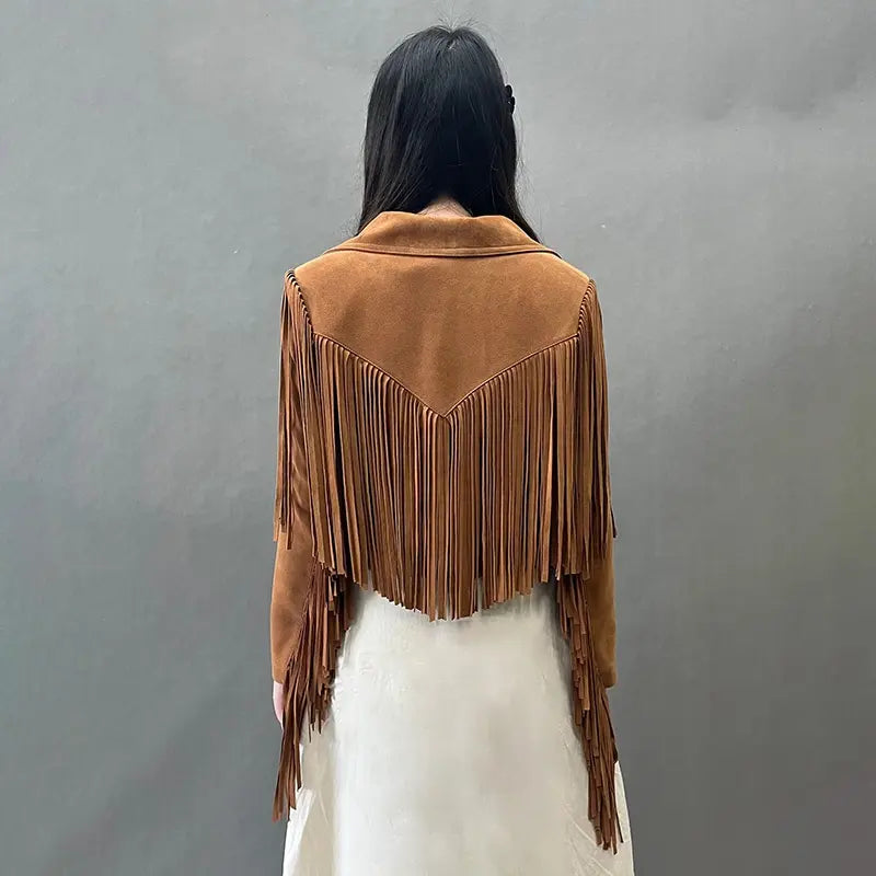 Edge Crop Leather Jacket with Tassels