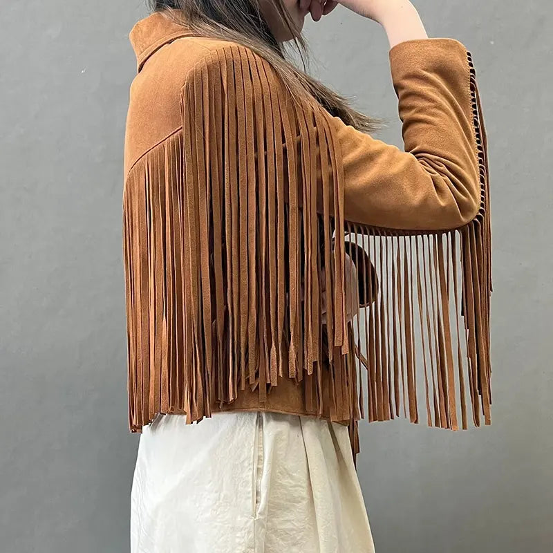 Edge Crop Leather Jacket with Tassels
