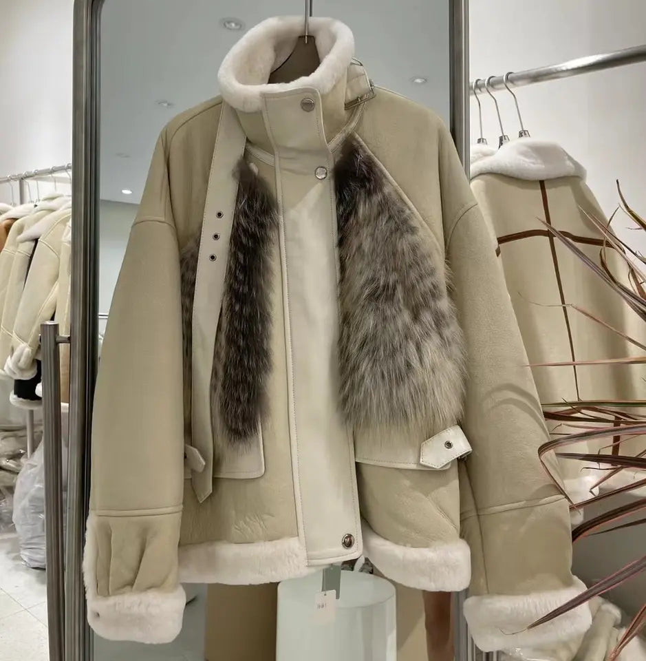 SnowFlake Leather Fur Coat