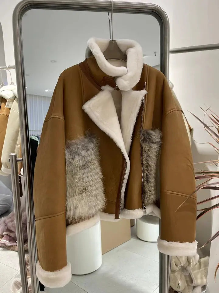 SnowFlake Leather Fur Coat