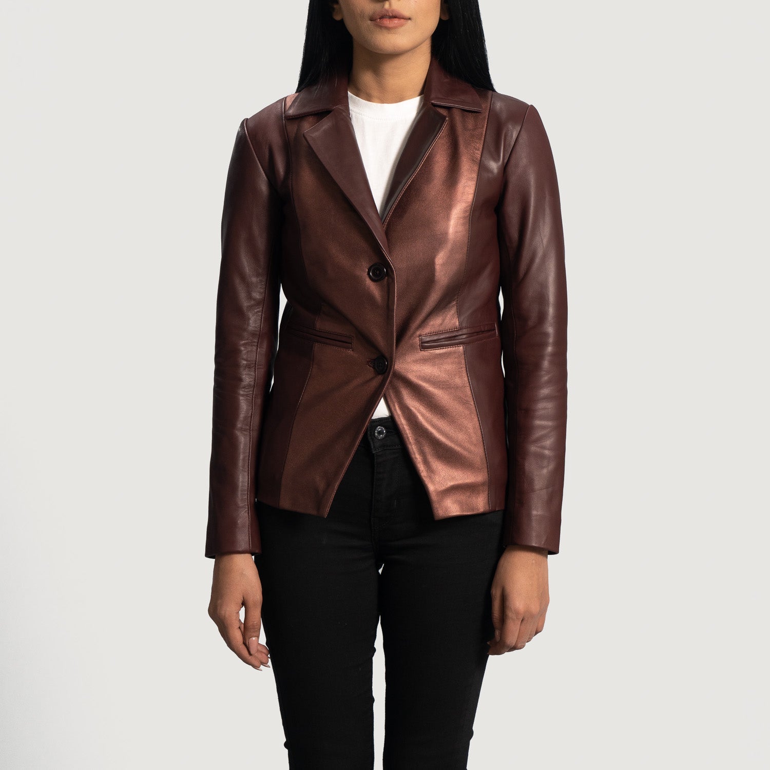 Madelyn Metallic Maroon Leather Blazer