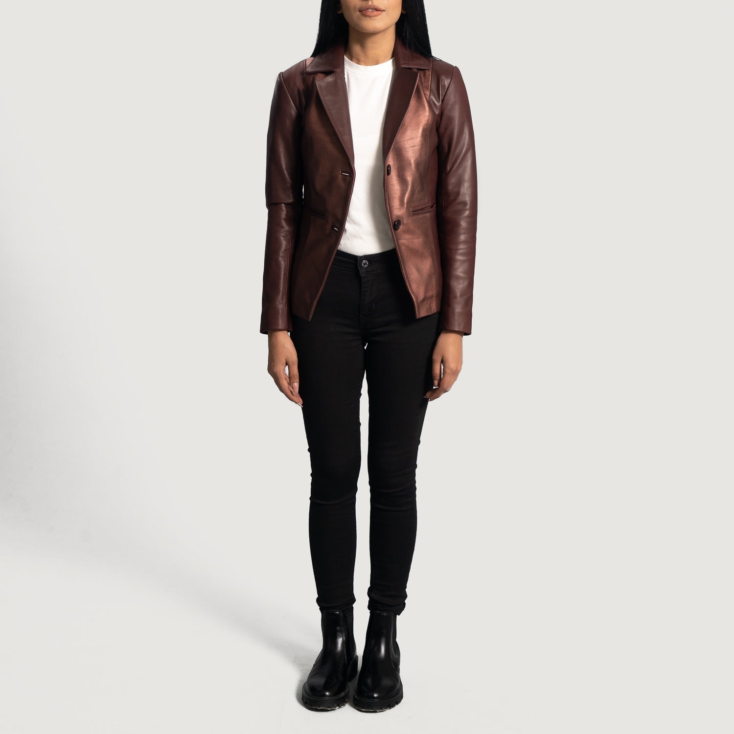 Madelyn Metallic Maroon Leather Blazer