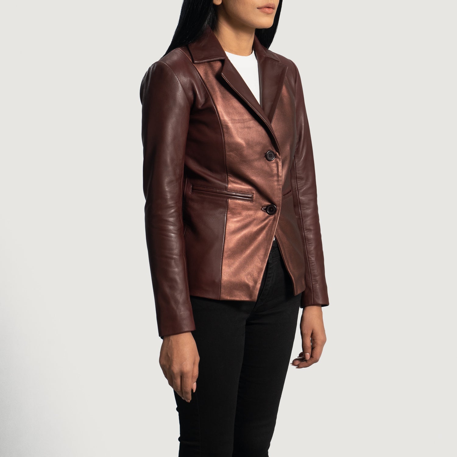 Madelyn Metallic Maroon Leather Blazer